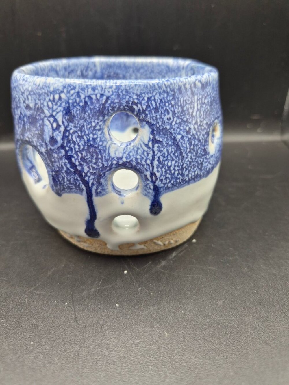 Handmade Blue & White Ceramic Tealight Holder With Unique Drip Glaze Design